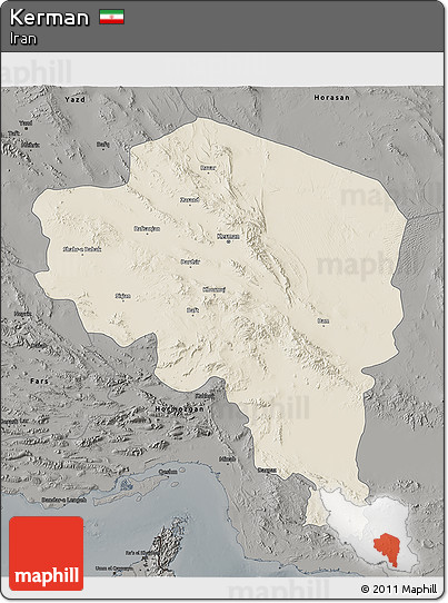 Shaded Relief 3D Map of Kerman, darken, semi-desaturated