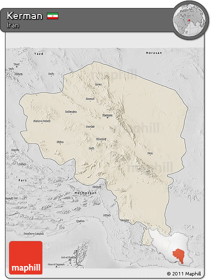 Shaded Relief 3D Map of Kerman, desaturated