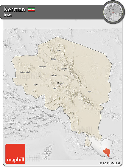 Shaded Relief 3D Map of Kerman, lighten, desaturated