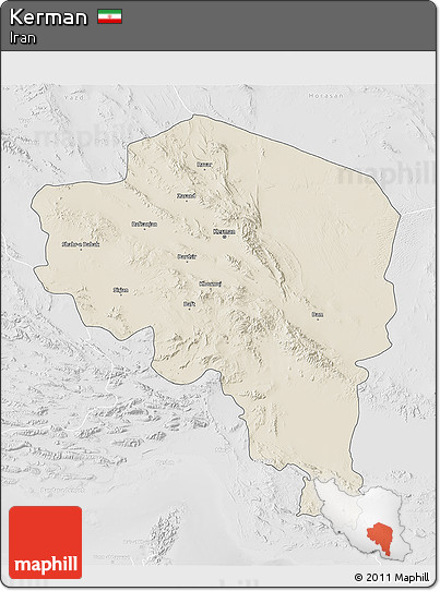 Shaded Relief 3D Map of Kerman, lighten, desaturated