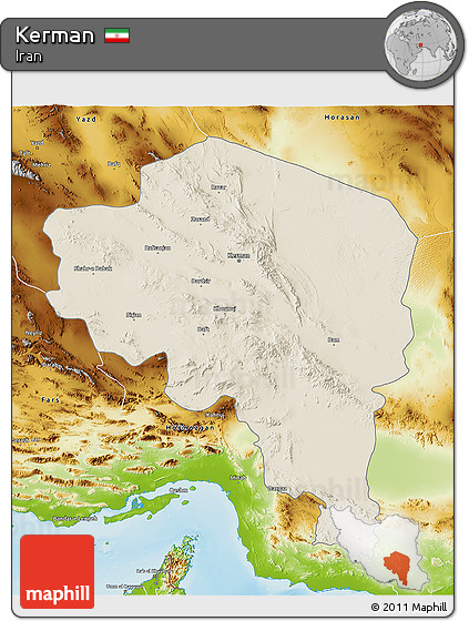 Shaded Relief 3D Map of Kerman, physical outside
