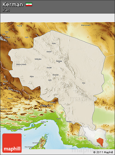 Shaded Relief 3D Map of Kerman, physical outside