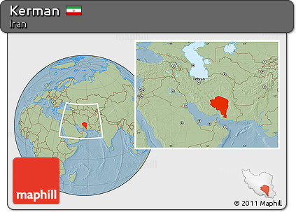Savanna Style Location Map of Kerman, within the entire country, hill shading