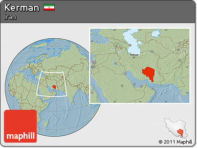 Savanna Style Location Map of Kerman, within the entire country, hill shading