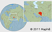 Savanna Style Location Map of Kerman, within the entire country, hill shading