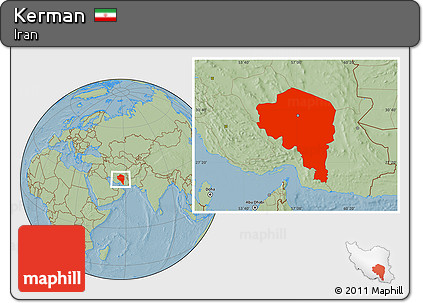 Savanna Style Location Map of Kerman, hill shading
