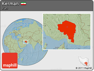 Savanna Style Location Map of Kerman, hill shading