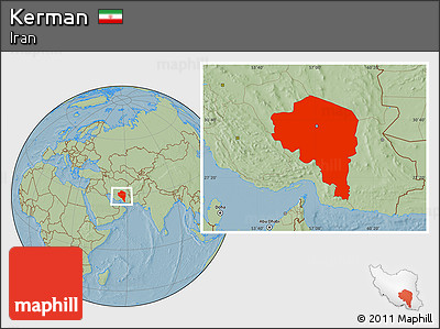 Savanna Style Location Map of Kerman, hill shading
