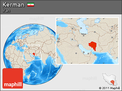 Shaded Relief Location Map of Kerman, within the entire country