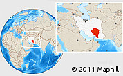 Shaded Relief Location Map of Kerman, highlighted country, within the entire country