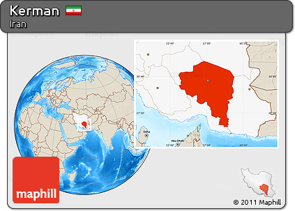Shaded Relief Location Map of Kerman, highlighted country