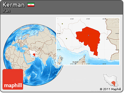 Shaded Relief Location Map of Kerman, highlighted country
