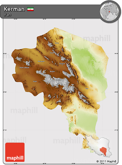Physical Map of Kerman, cropped outside