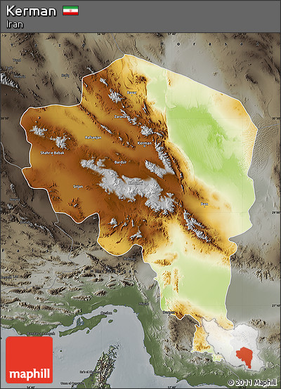 Physical Map of Kerman, darken, semi-desaturated