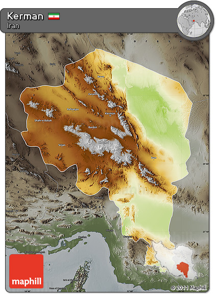 Physical Map of Kerman, darken, semi-desaturated