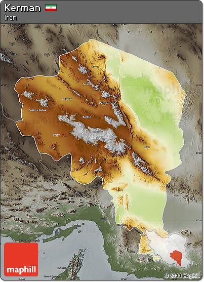 Physical Map of Kerman, darken, semi-desaturated