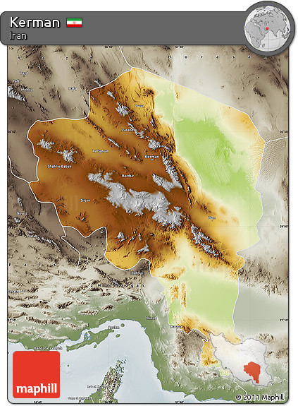 Physical Map of Kerman, semi-desaturated