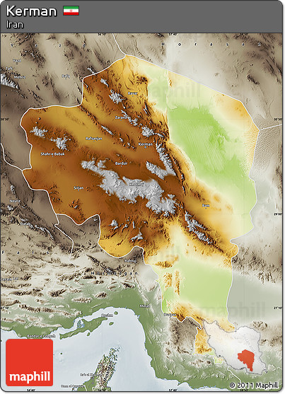 Physical Map of Kerman, semi-desaturated