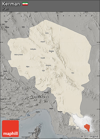 Shaded Relief Map of Kerman, darken, semi-desaturated