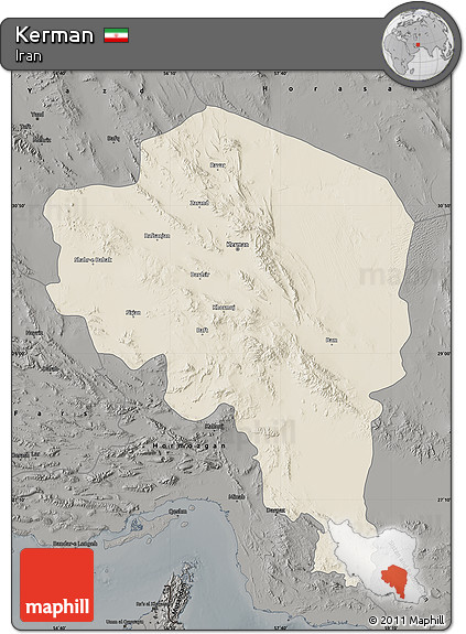 Shaded Relief Map of Kerman, darken, semi-desaturated
