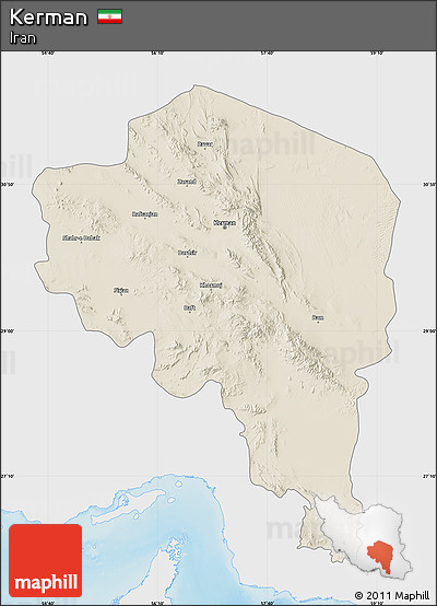 Shaded Relief Map of Kerman, single color outside