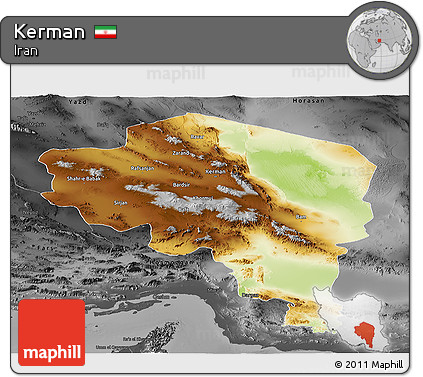 Physical Panoramic Map of Kerman, darken, desaturated