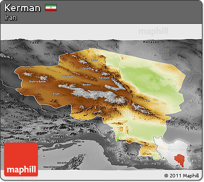 Physical Panoramic Map of Kerman, darken, desaturated