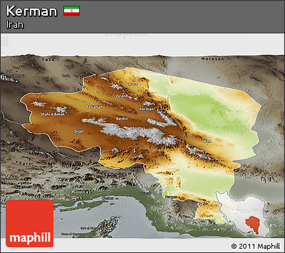 Physical Panoramic Map of Kerman, darken, semi-desaturated