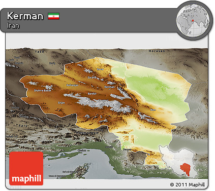 Physical Panoramic Map of Kerman, darken, semi-desaturated