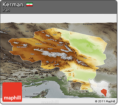 Physical Panoramic Map of Kerman, darken, semi-desaturated