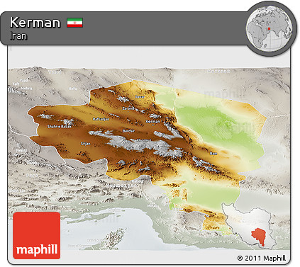 Physical Panoramic Map of Kerman, lighten, semi-desaturated
