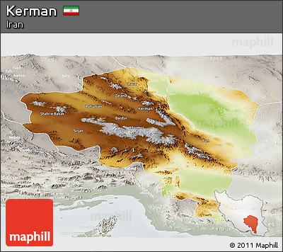 Physical Panoramic Map of Kerman, lighten, semi-desaturated