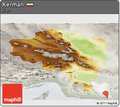 Physical Panoramic Map of Kerman, lighten, semi-desaturated
