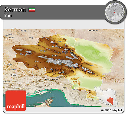 Physical Panoramic Map of Kerman, satellite outside