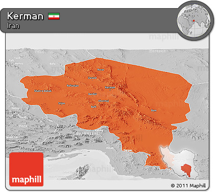 Political Panoramic Map of Kerman, lighten, desaturated