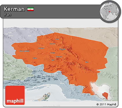 Political Panoramic Map of Kerman, lighten, semi-desaturated
