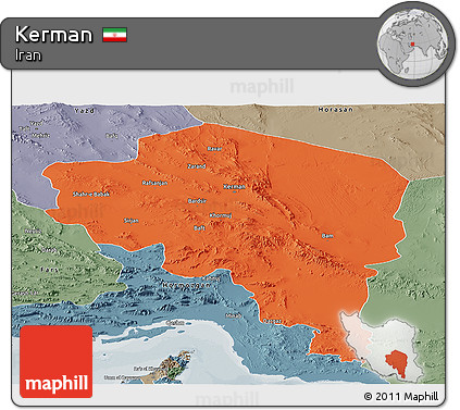 Political Panoramic Map of Kerman, semi-desaturated