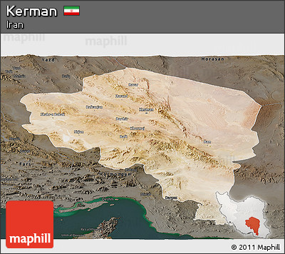 Satellite Panoramic Map of Kerman, darken