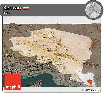 Satellite Panoramic Map of Kerman, darken