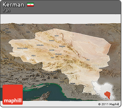 Satellite Panoramic Map of Kerman, darken