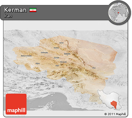Satellite Panoramic Map of Kerman, lighten, desaturated