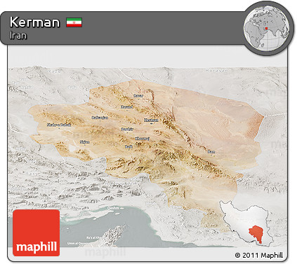 Satellite Panoramic Map of Kerman, lighten, semi-desaturated