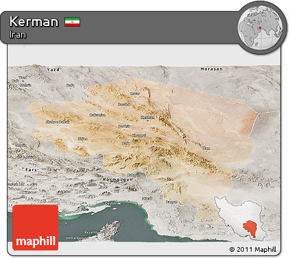 Satellite Panoramic Map of Kerman, semi-desaturated