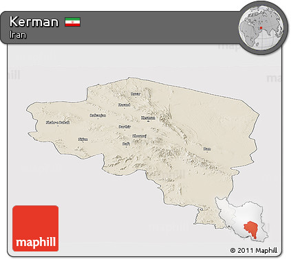 Shaded Relief Panoramic Map of Kerman, cropped outside