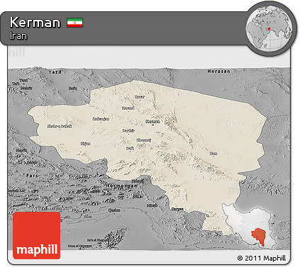 Shaded Relief Panoramic Map of Kerman, darken, desaturated