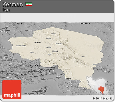 Shaded Relief Panoramic Map of Kerman, darken, desaturated