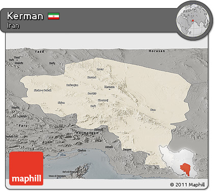 Shaded Relief Panoramic Map of Kerman, darken, semi-desaturated