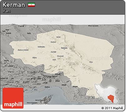 Shaded Relief Panoramic Map of Kerman, darken, semi-desaturated