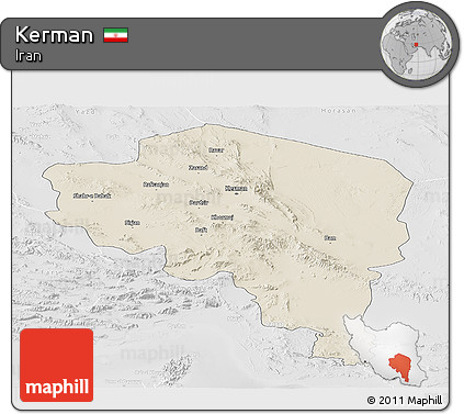 Shaded Relief Panoramic Map of Kerman, lighten, desaturated