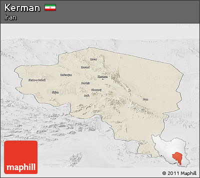 Shaded Relief Panoramic Map of Kerman, lighten, desaturated